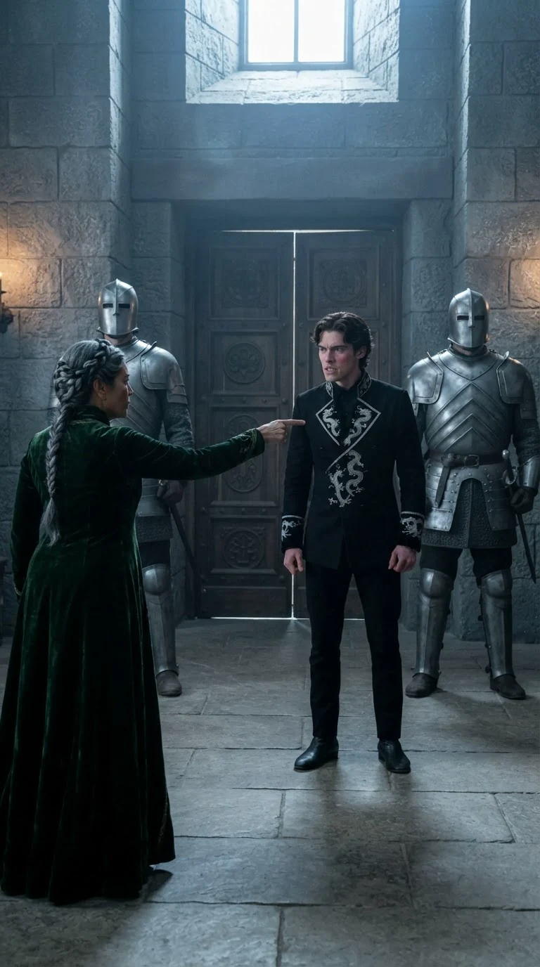 The queen points at the two guards by the door.