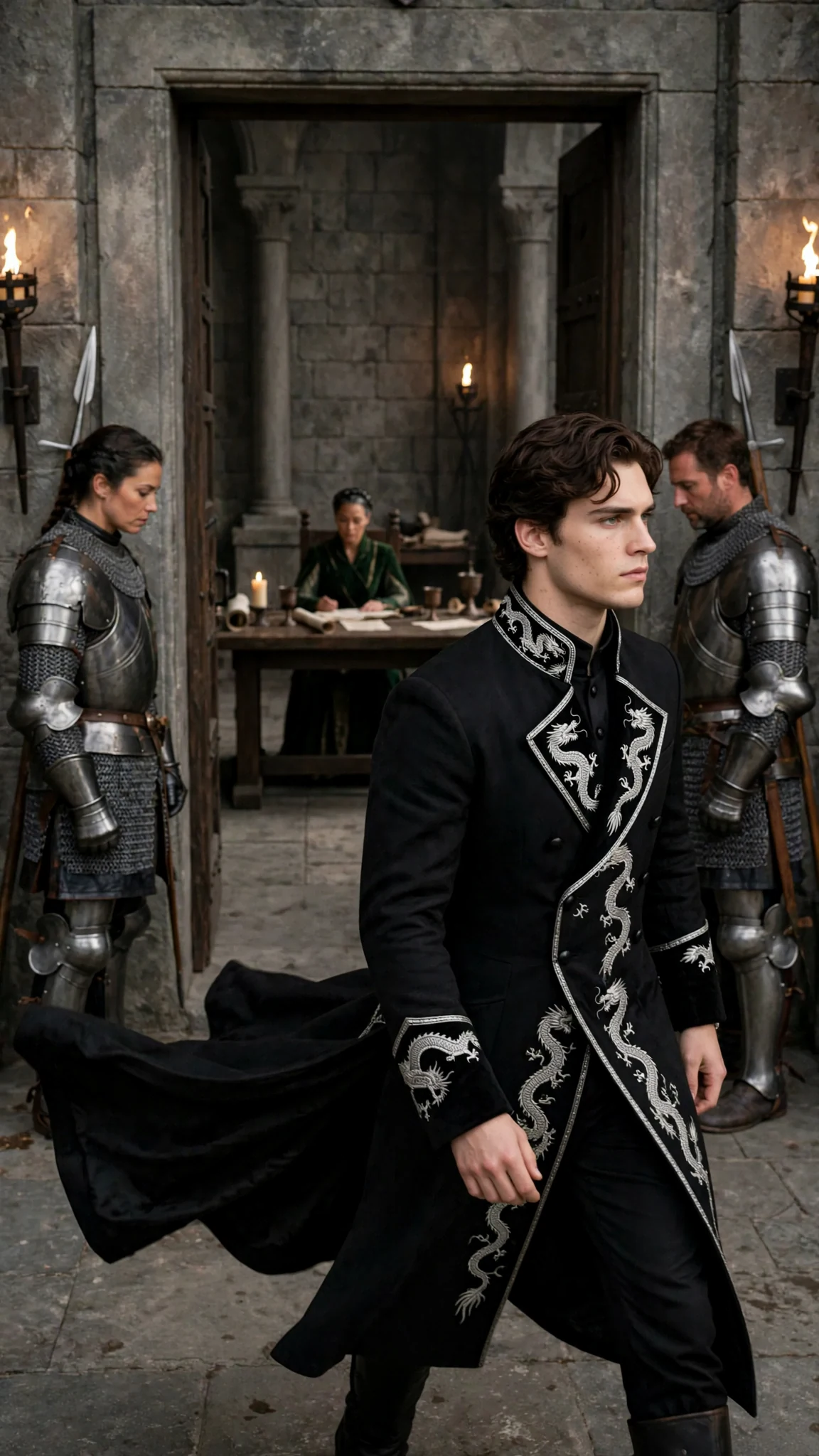 The prince walks out past the silent guards.
