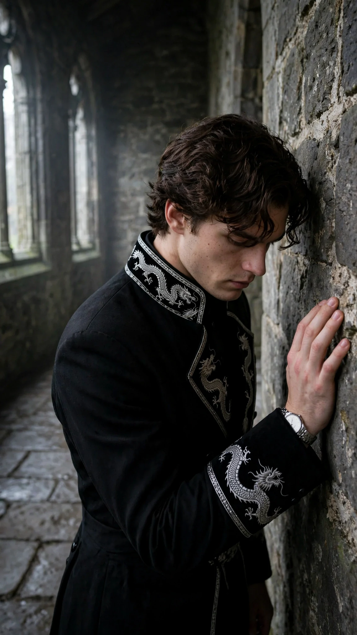 The prince stands alone in a corridor, shaking.