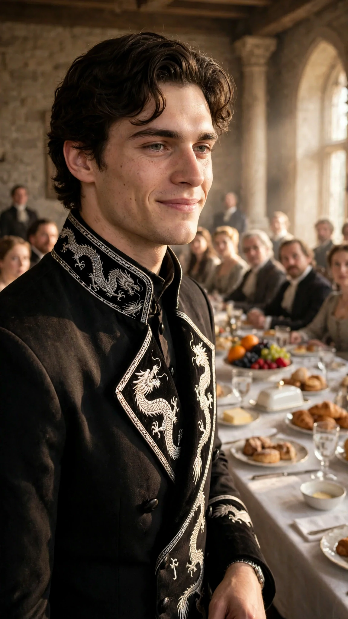 The prince smiles at a breakfast table of watching nobles.