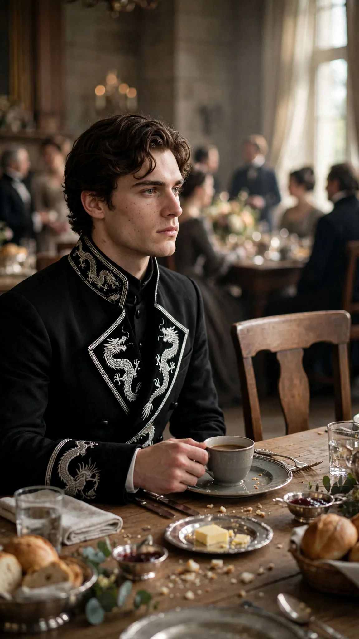 The prince looks at the empty chair beside him at the table.