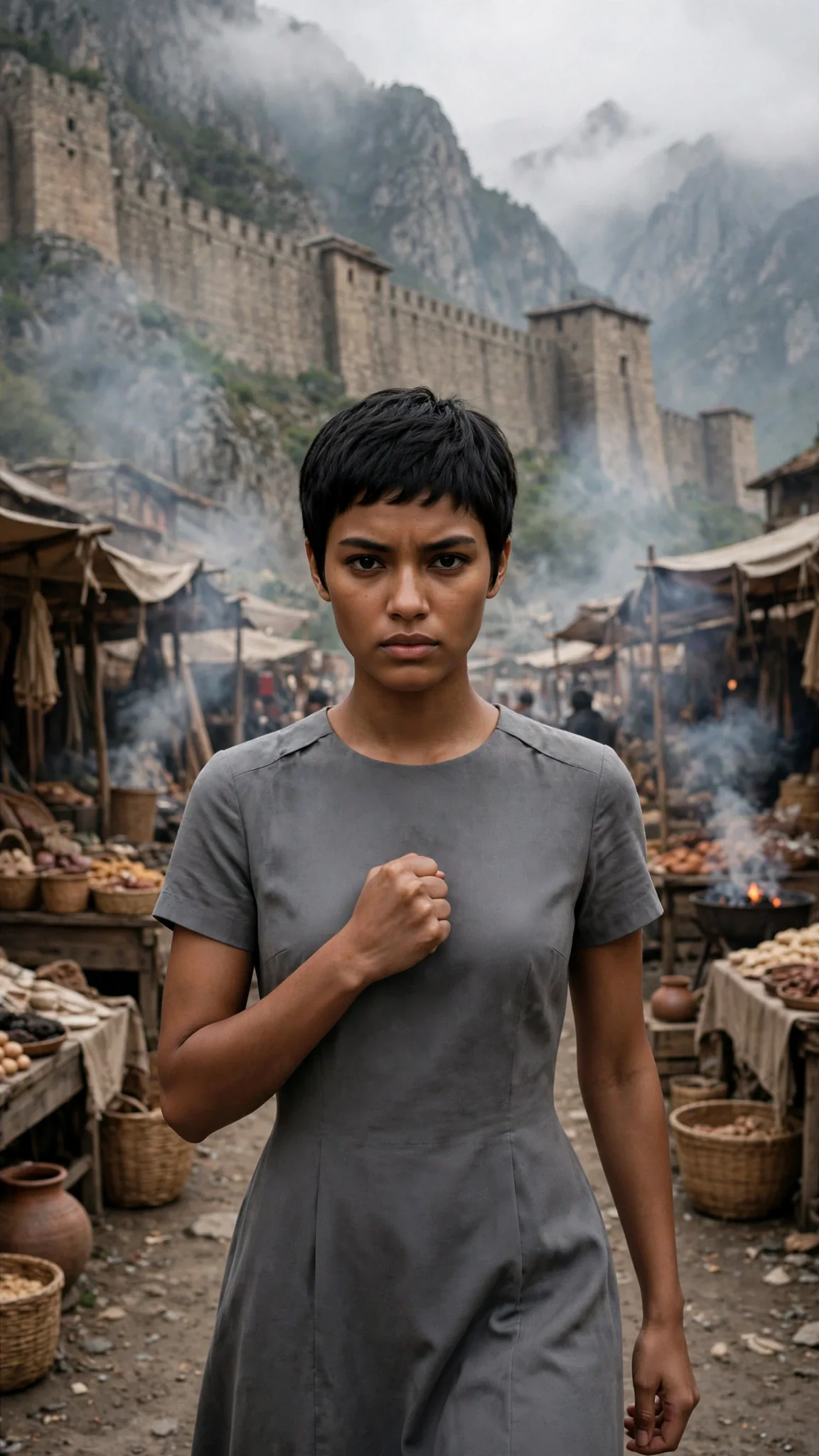 A young woman in a plain gray dress walks a smoky market street beneath a mountain palace.