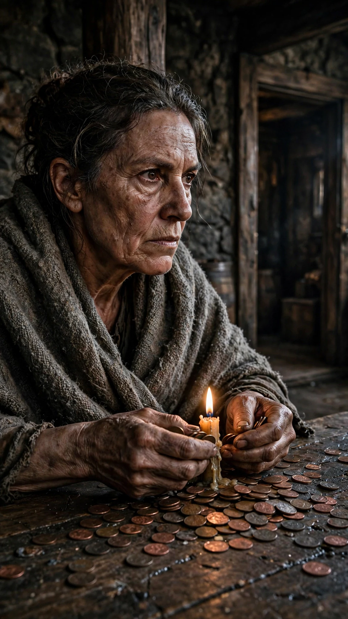 A hard-faced older woman counts coins in a dim tavern back room.