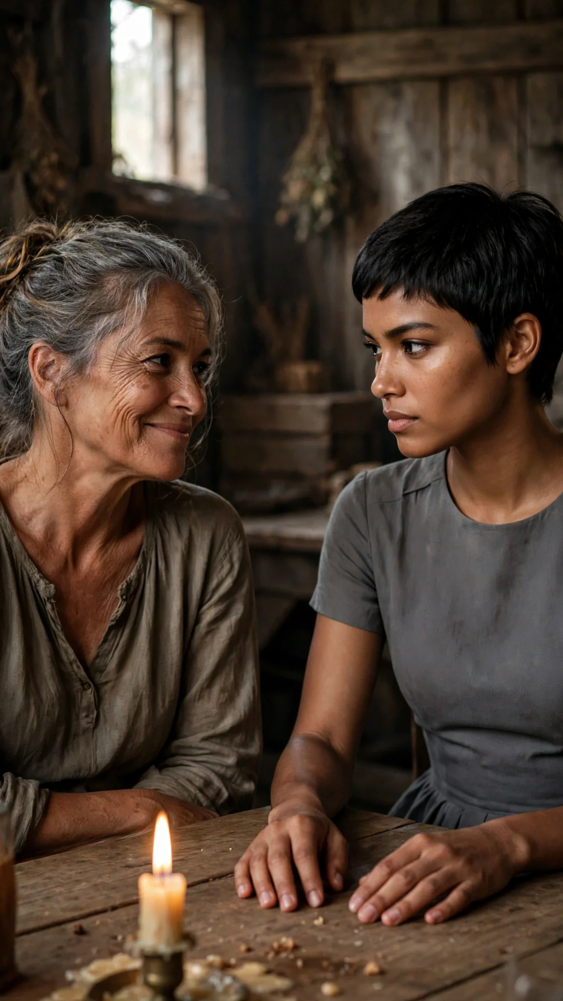 The older woman looks the gray-dressed heroine up and down with a slow, ugly smile.