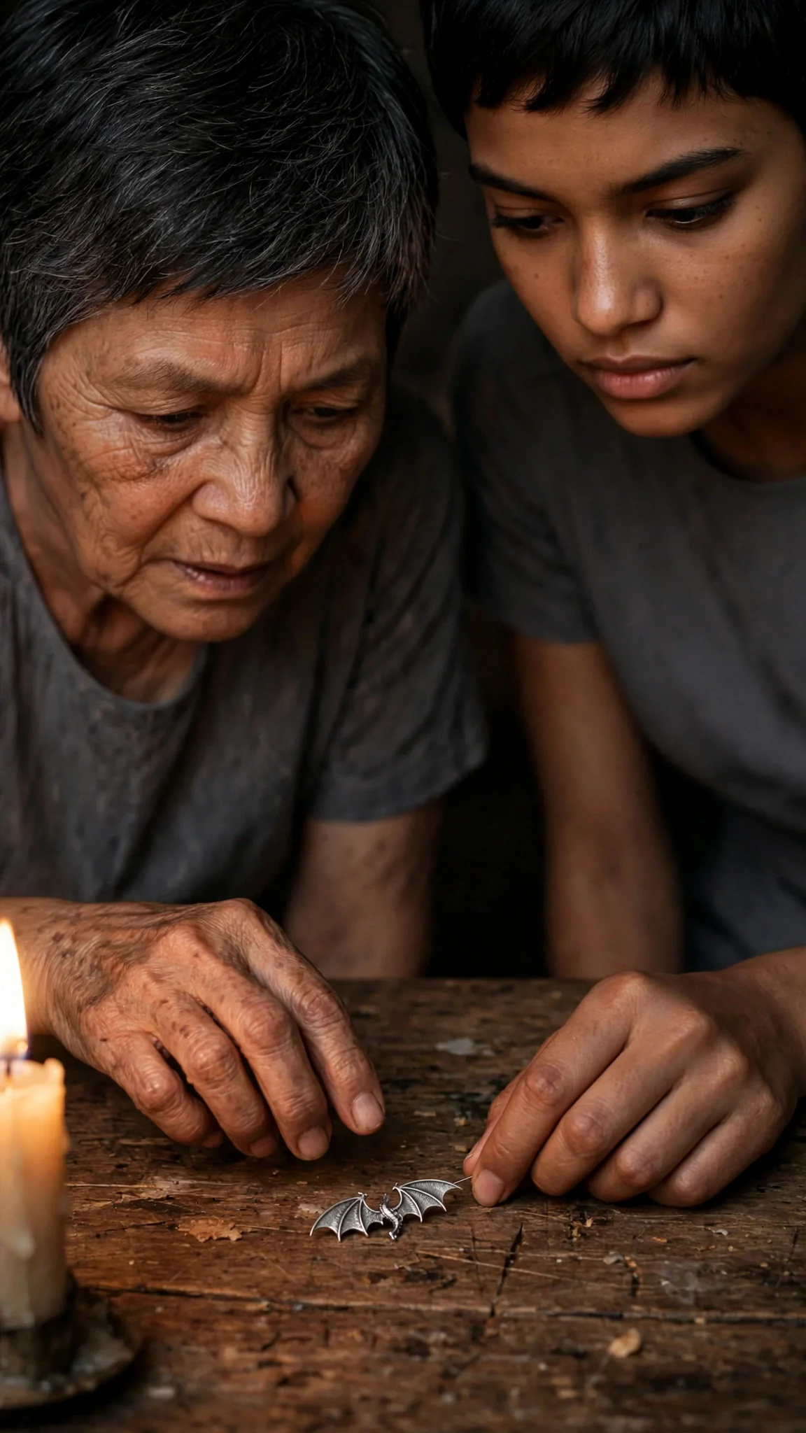 A silver rider pin is placed on a scarred wooden table between two women.