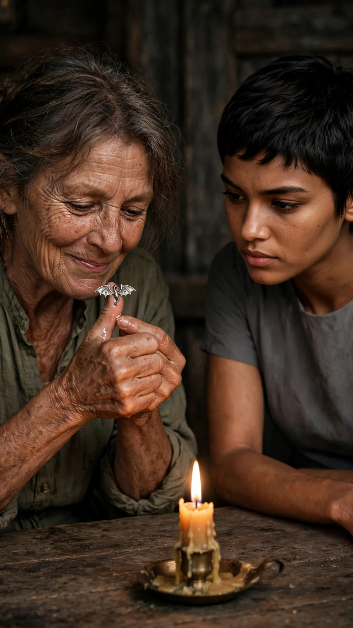 The older woman rubs the silver pin clean with her thumb and smirks.