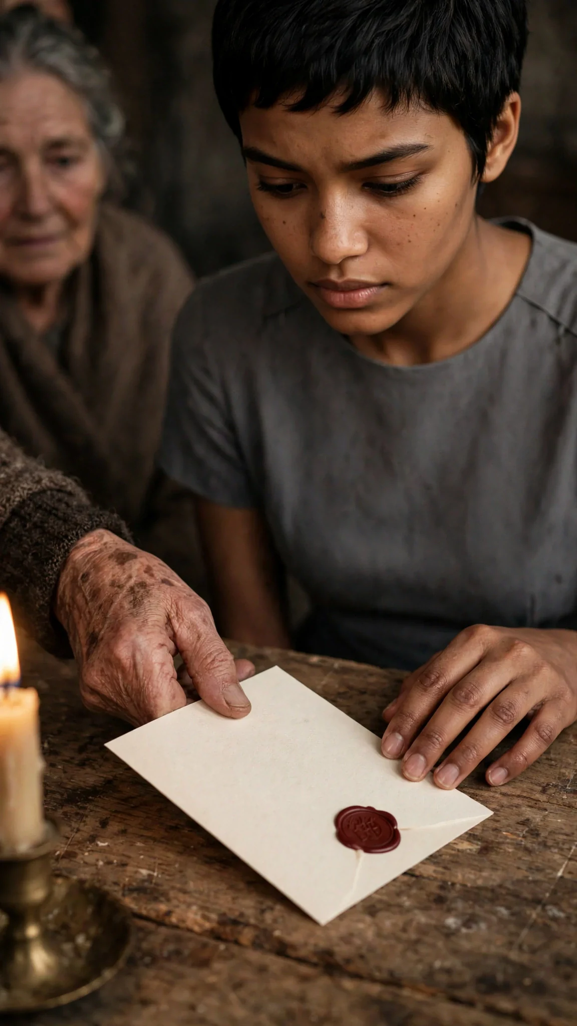 A cream invitation card is slid across the table under a candle.
