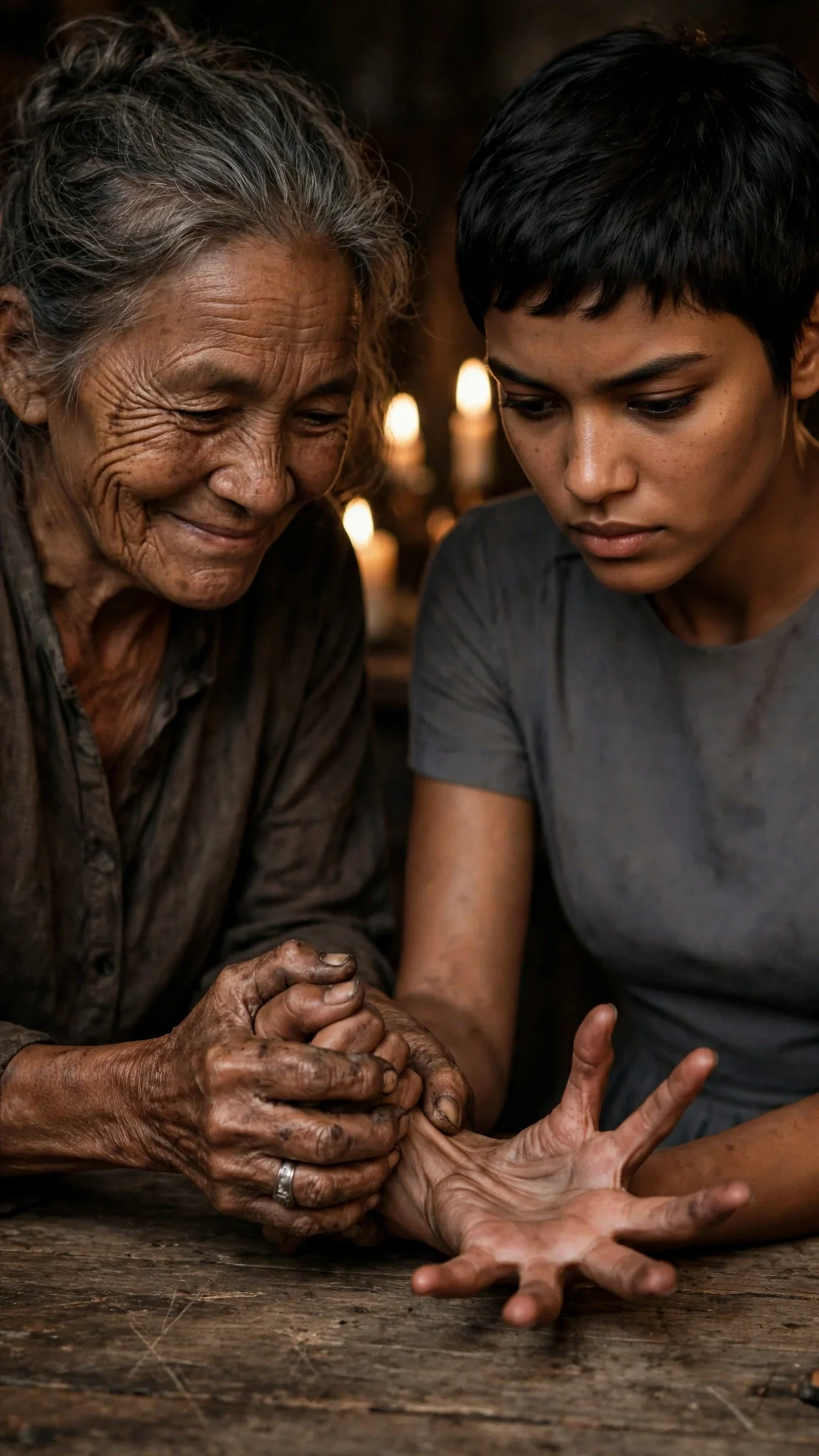 The older woman grips the heroine's wrist hard and turns her palm up.