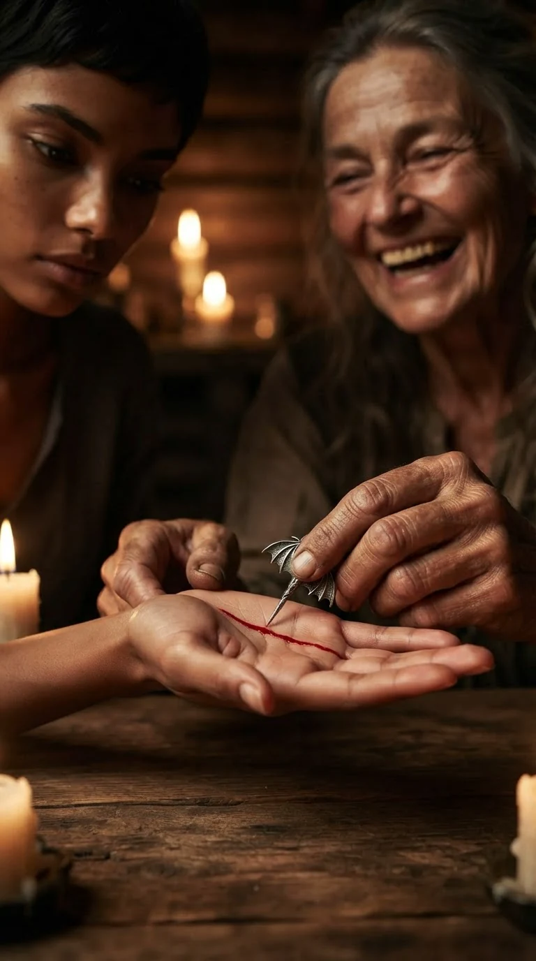 The point of the silver pin is dragged across the heroine's open palm.