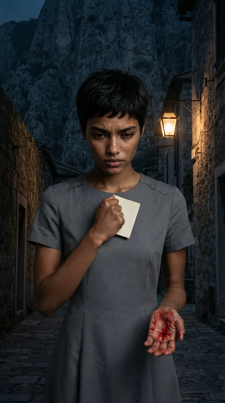 The heroine stands alone in a narrow street, holding a cream card, her cut palm closed.