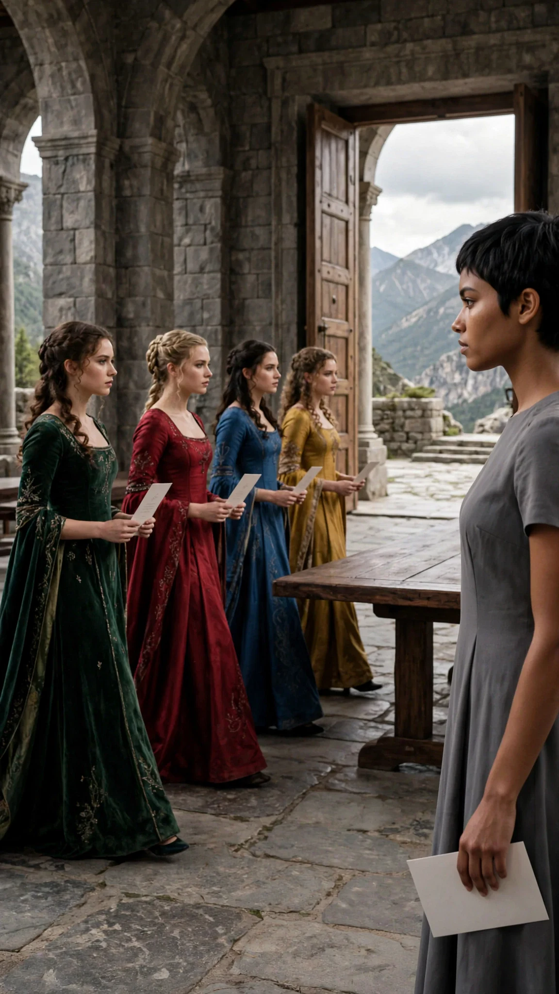 Noblewomen in silk hold their invitations at the palace gate while the heroine watches.