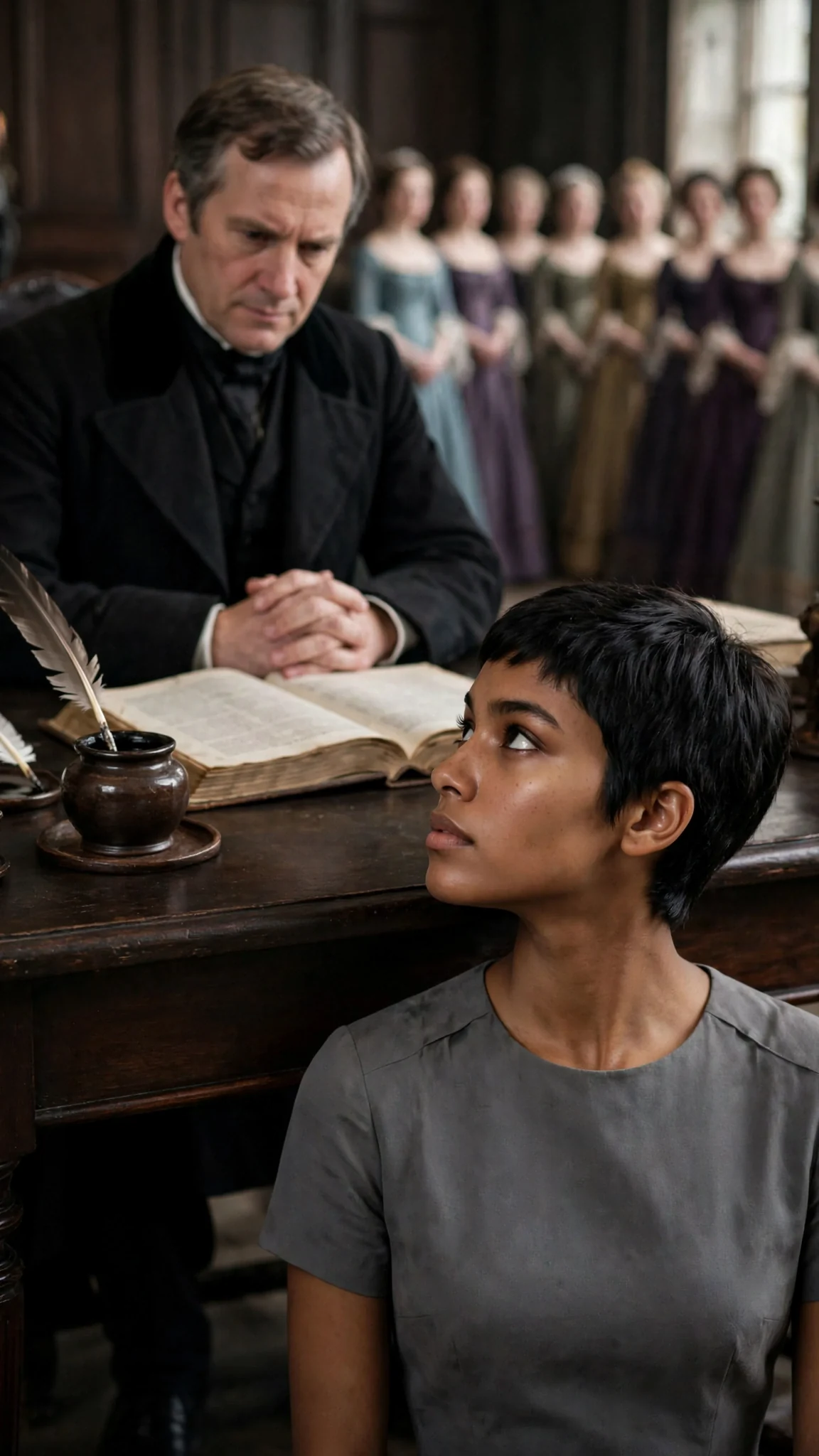 A soft-handed palace clerk looks down his nose at the gray-dressed heroine at his table.