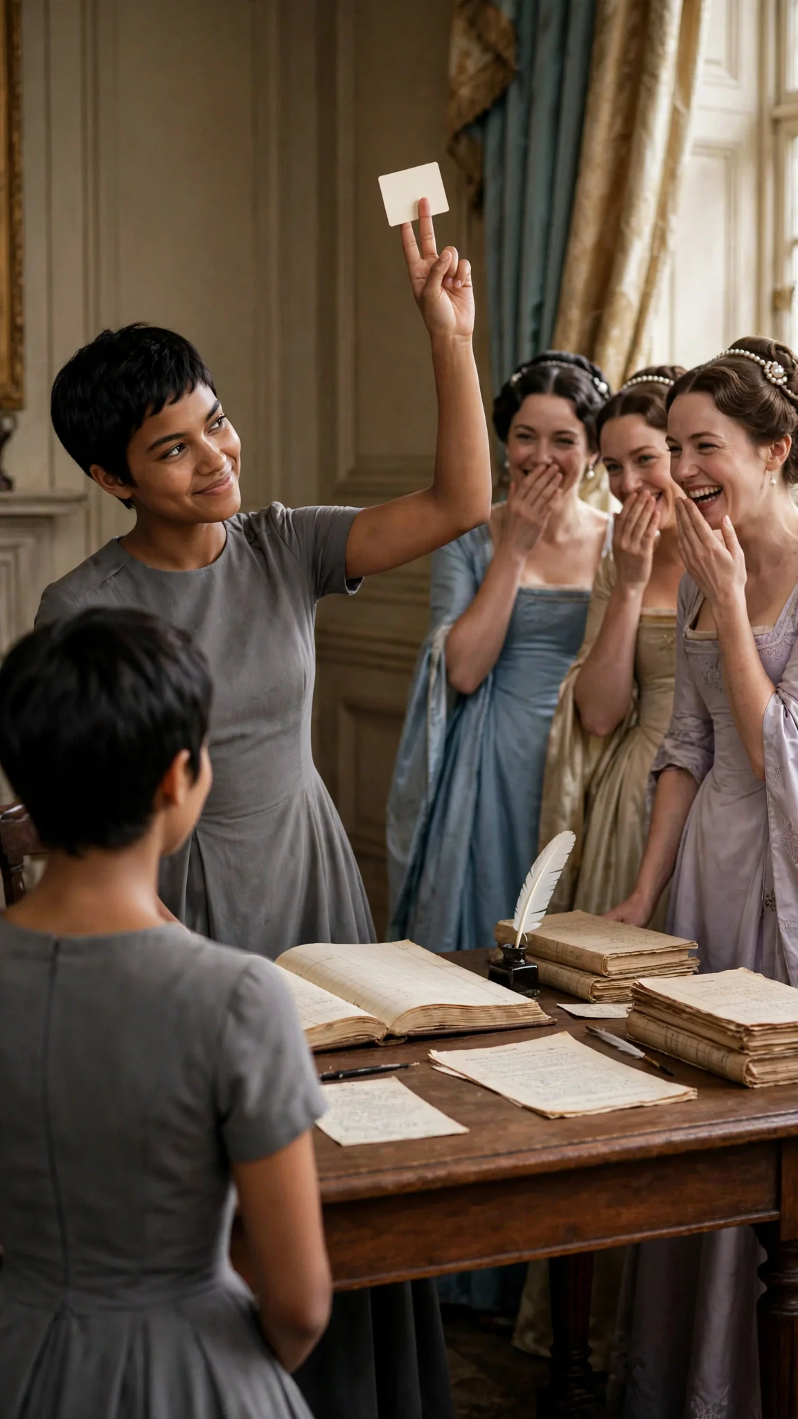 The clerk lifts the invitation high so the waiting noblewomen can laugh at it.