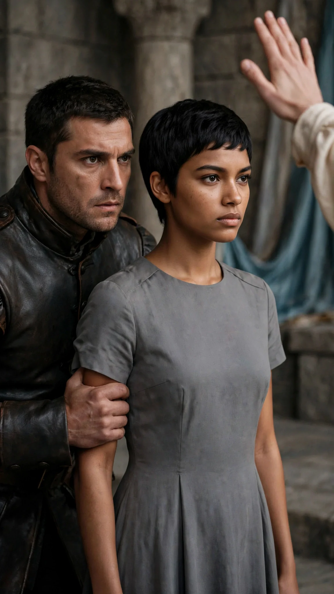A guard's big hand closes hard on the heroine's arm above the elbow.
