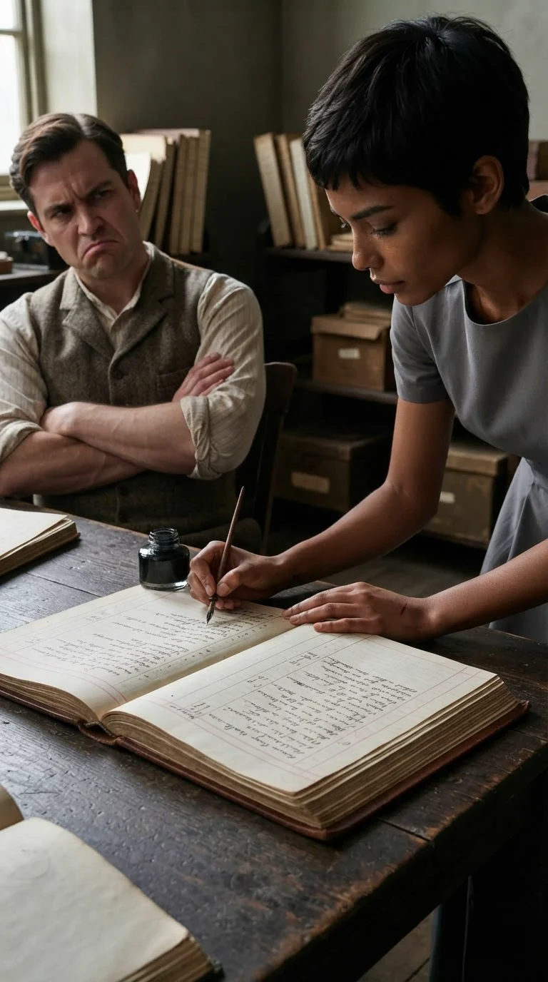 The heroine leans over the heavy ledger and writes with the pen herself.