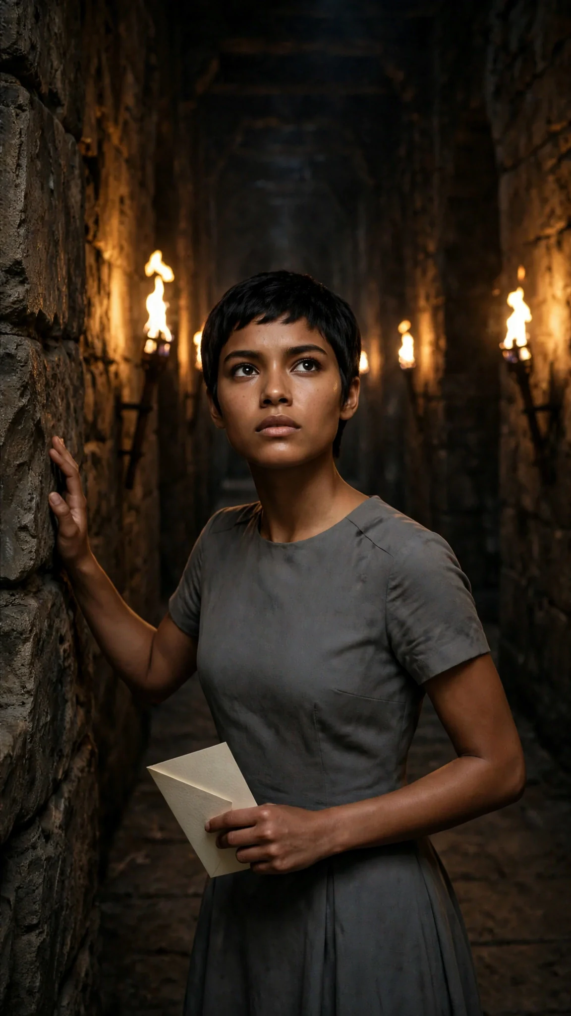 The heroine pushes off the wall, card in hand, eyes hard with resolve.
