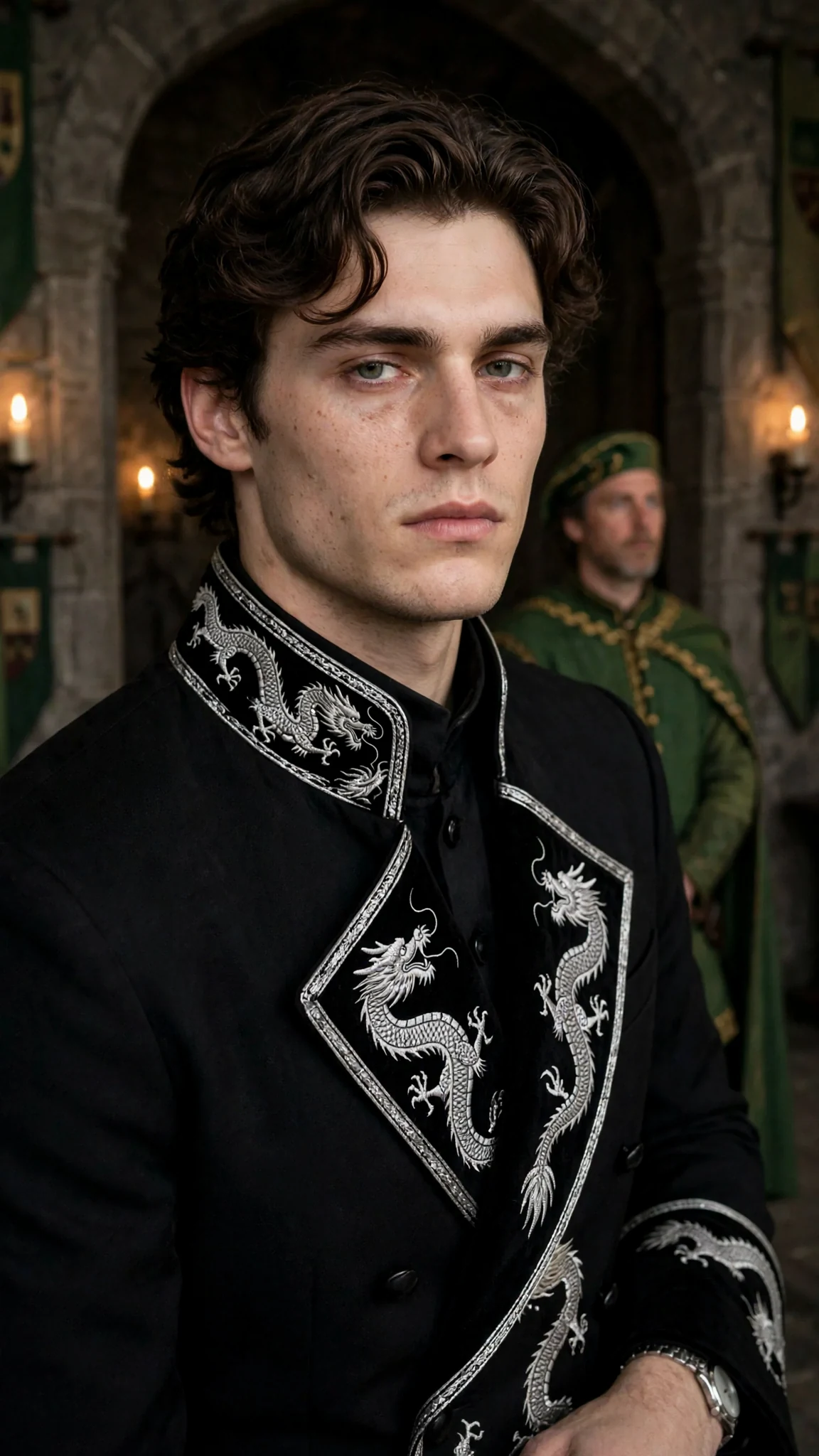 A tall prince in a black coat stands in a doorway, looking into a crowded hall.
