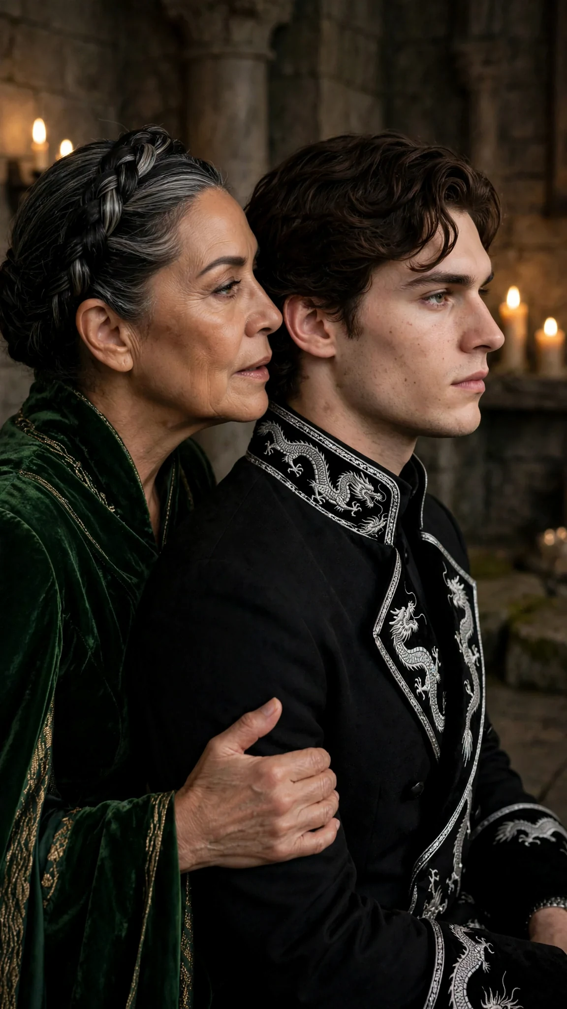 A queen in a green gown grips her son's arm and speaks close to his ear.