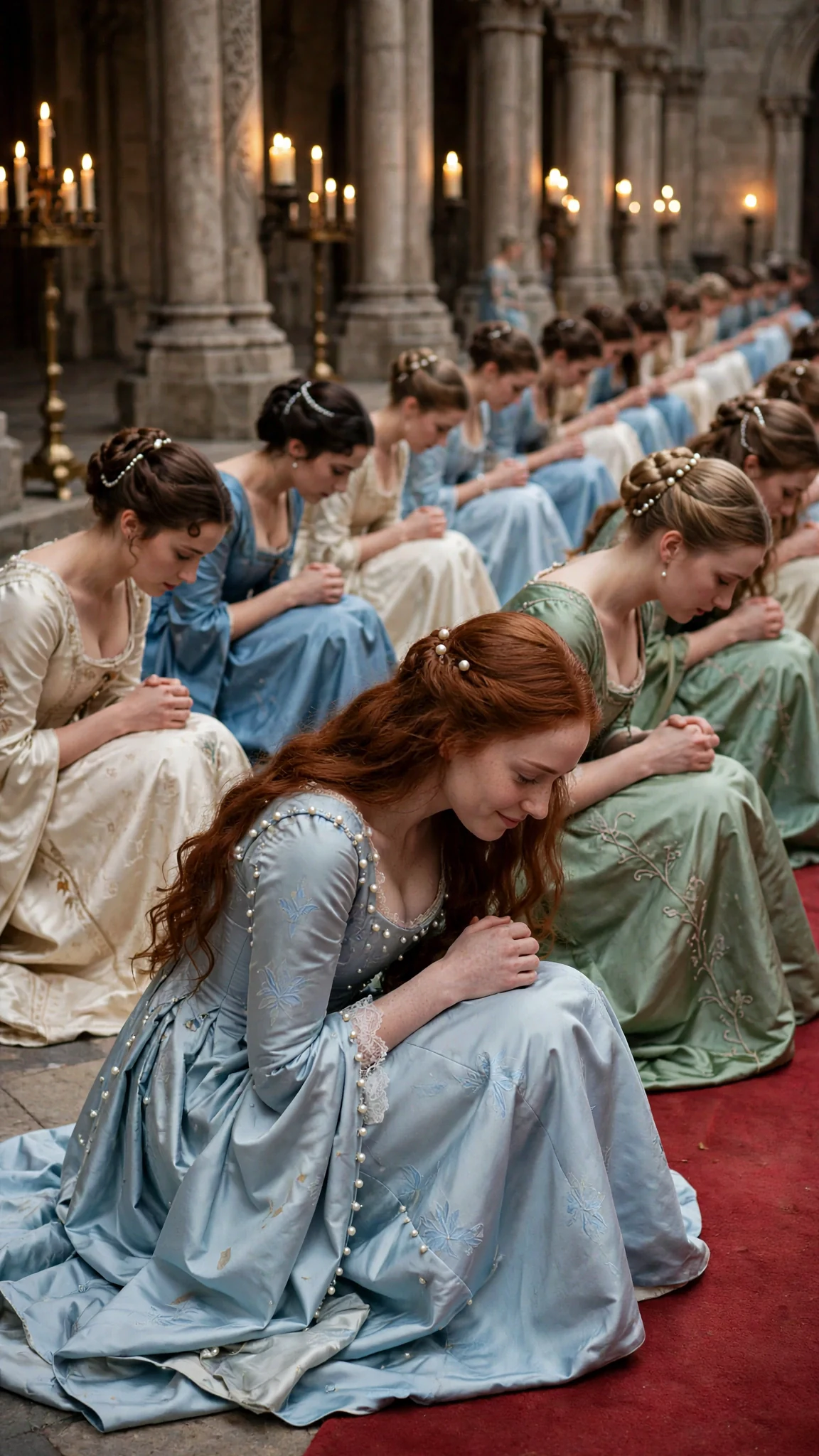 Rows of women in bright gowns drop to the floor in a stone hall.