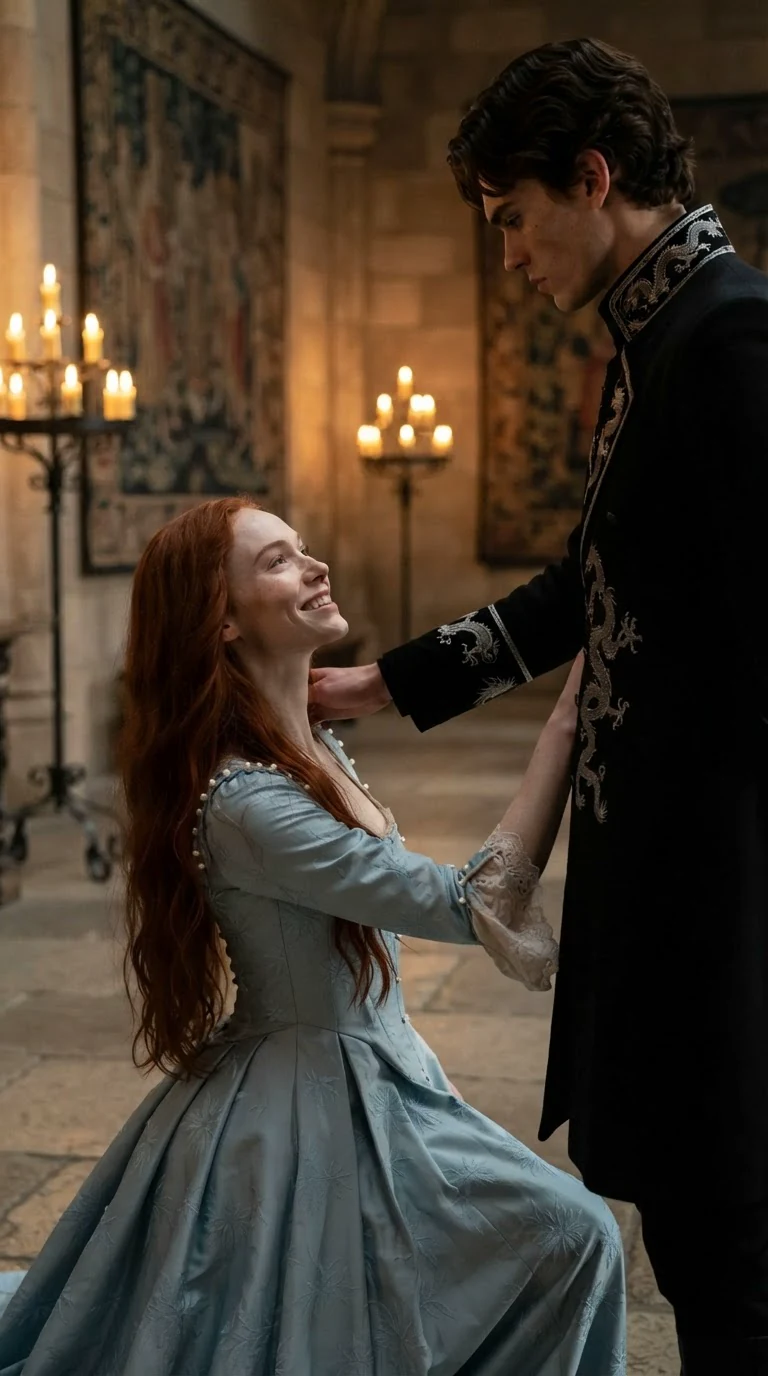 A red-haired woman in a blue gown lifts her face and smiles up at the prince.