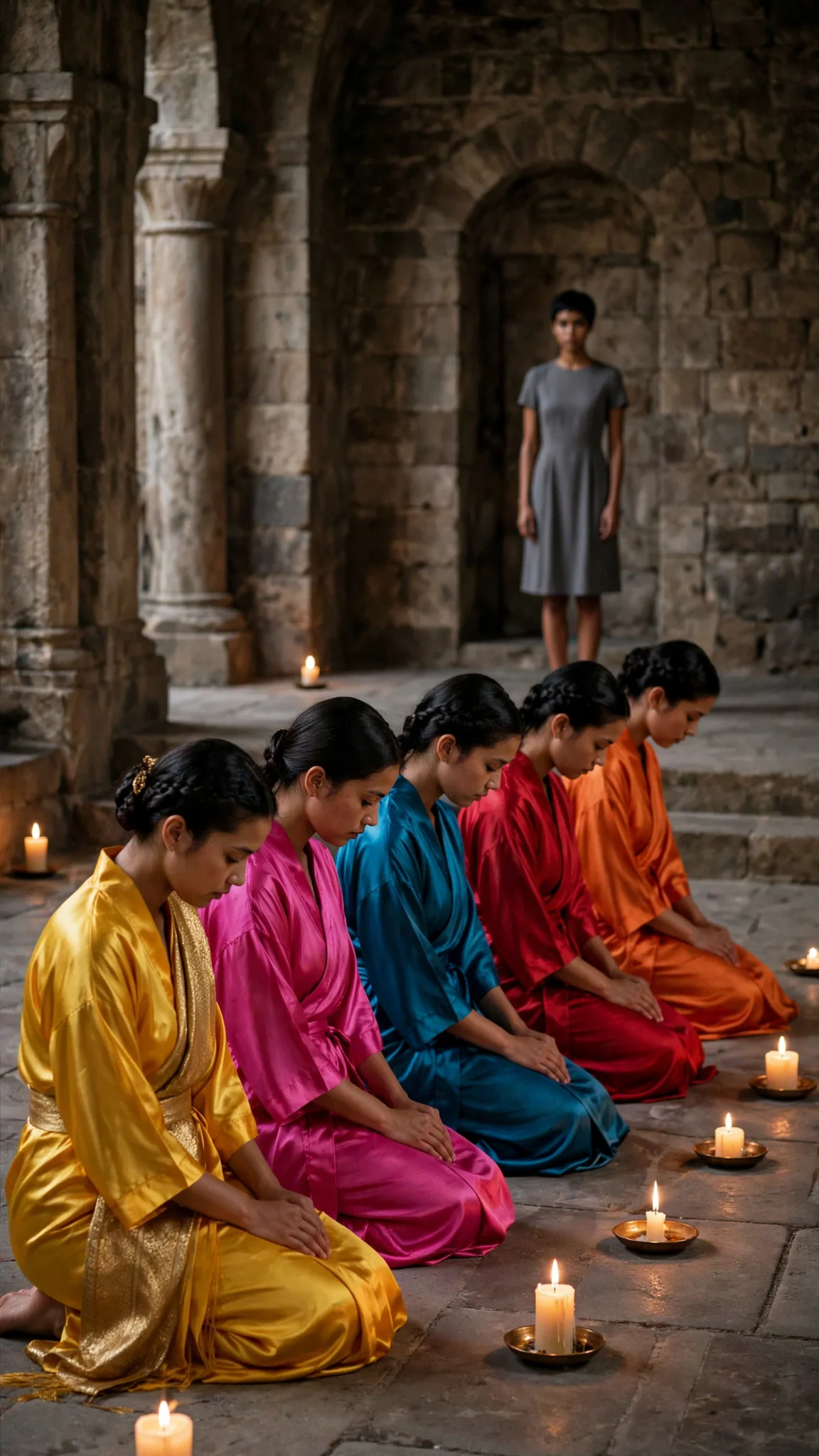 At the end of a row of kneeling women, one woman in a gray dress stands upright.