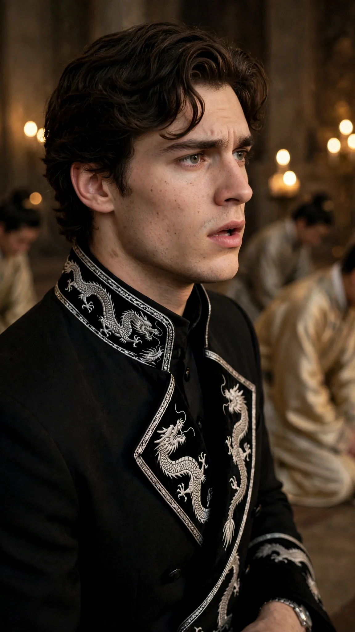 The prince frowns slightly, eyes fixed across the hall.