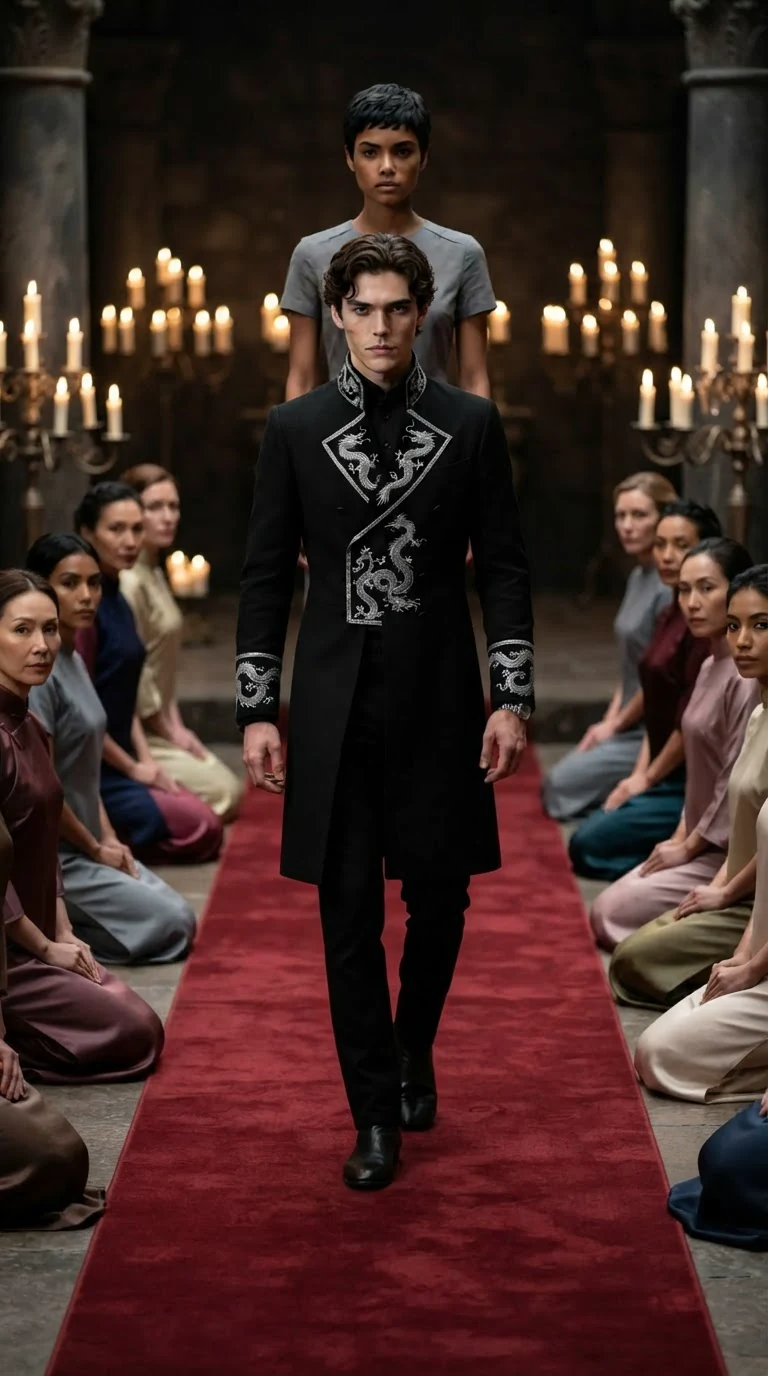A prince walks down a line of kneeling women toward a woman standing in gray.
