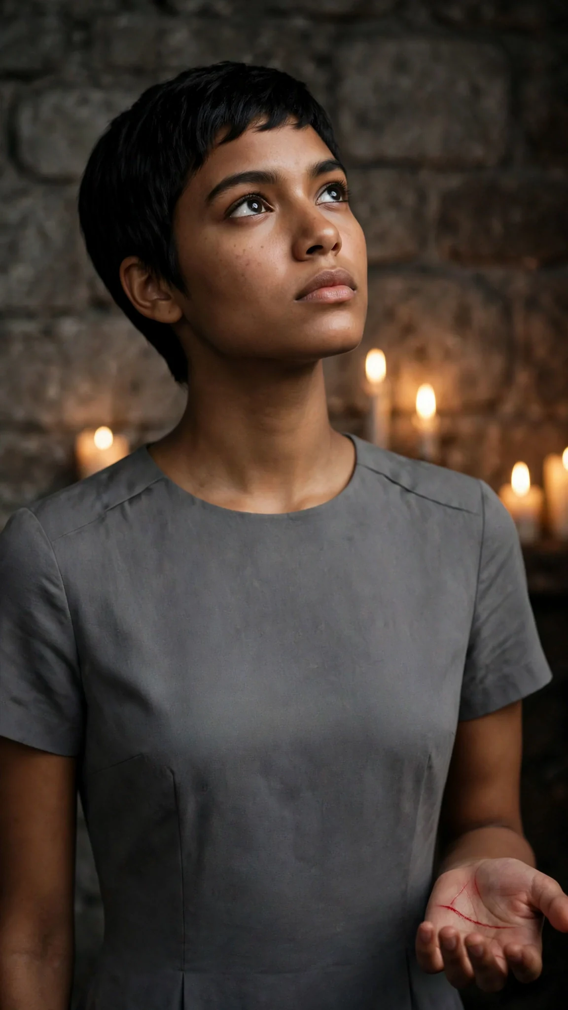 A close view of a dark-haired woman in gray staring up at the prince without fear.