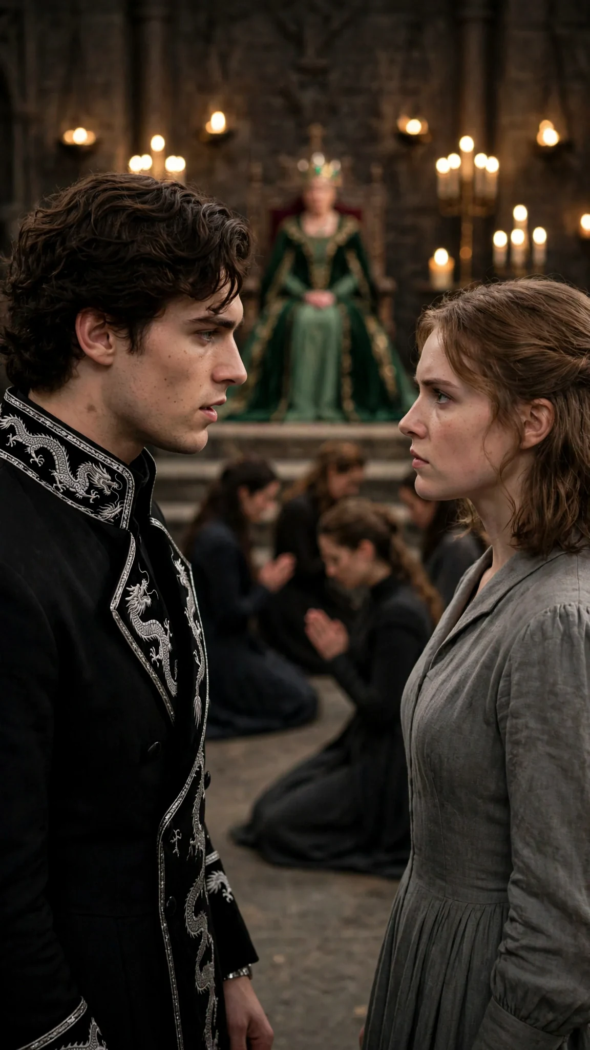The prince speaks quietly to the standing woman while the hall watches.