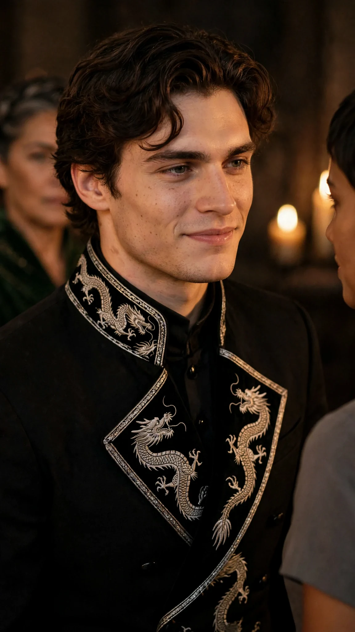 The prince tilts his head at the woman, half amused.