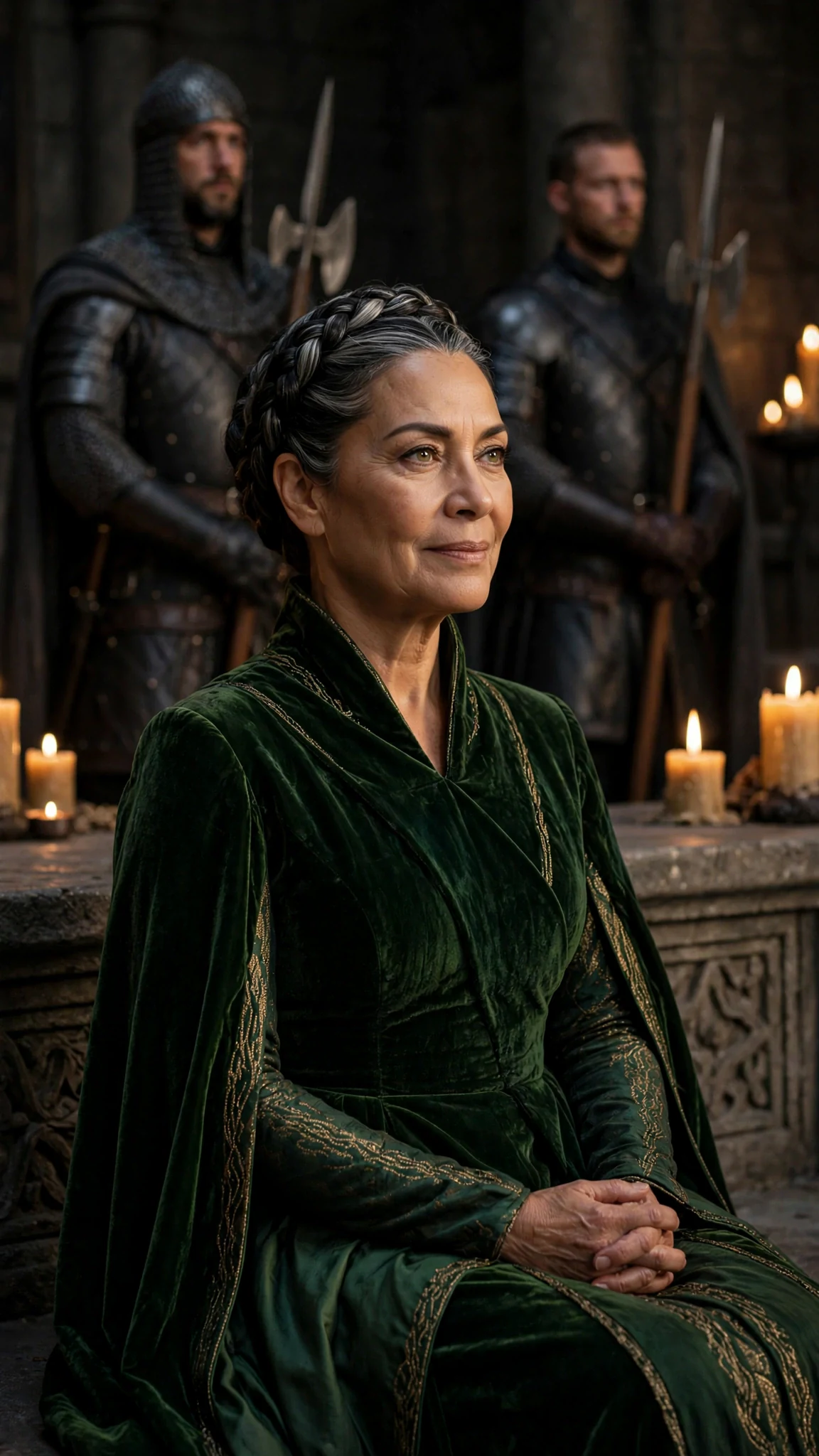 A queen on a dais watches with a cold, frozen smile.