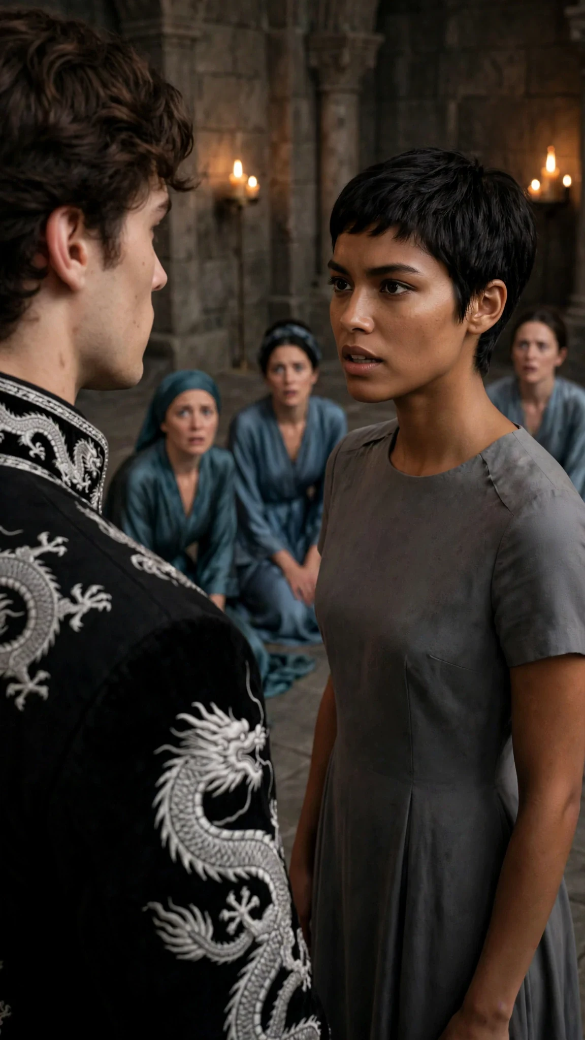 The prince asks a question and the woman in gray answers without flinching.