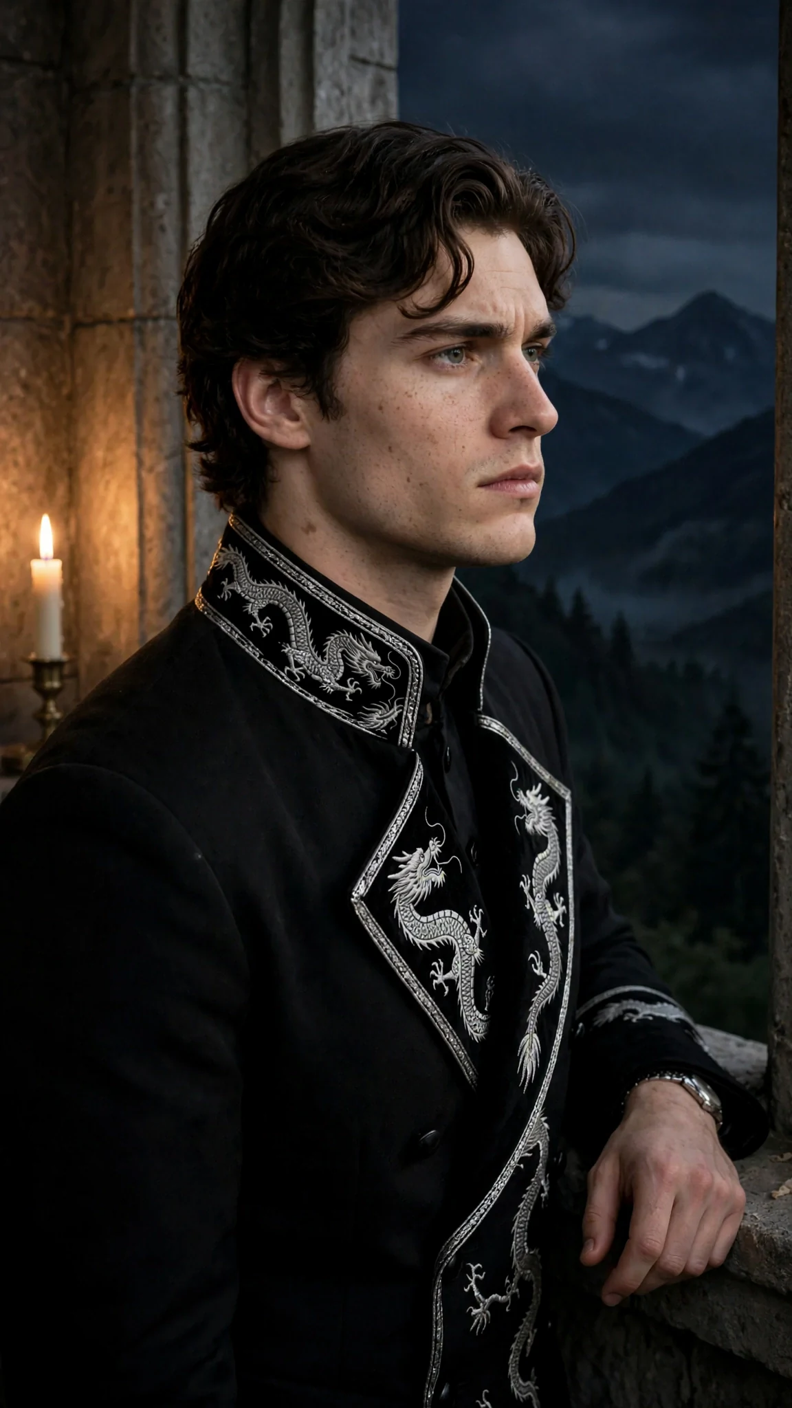 The prince stands at a palace window at night, thinking.