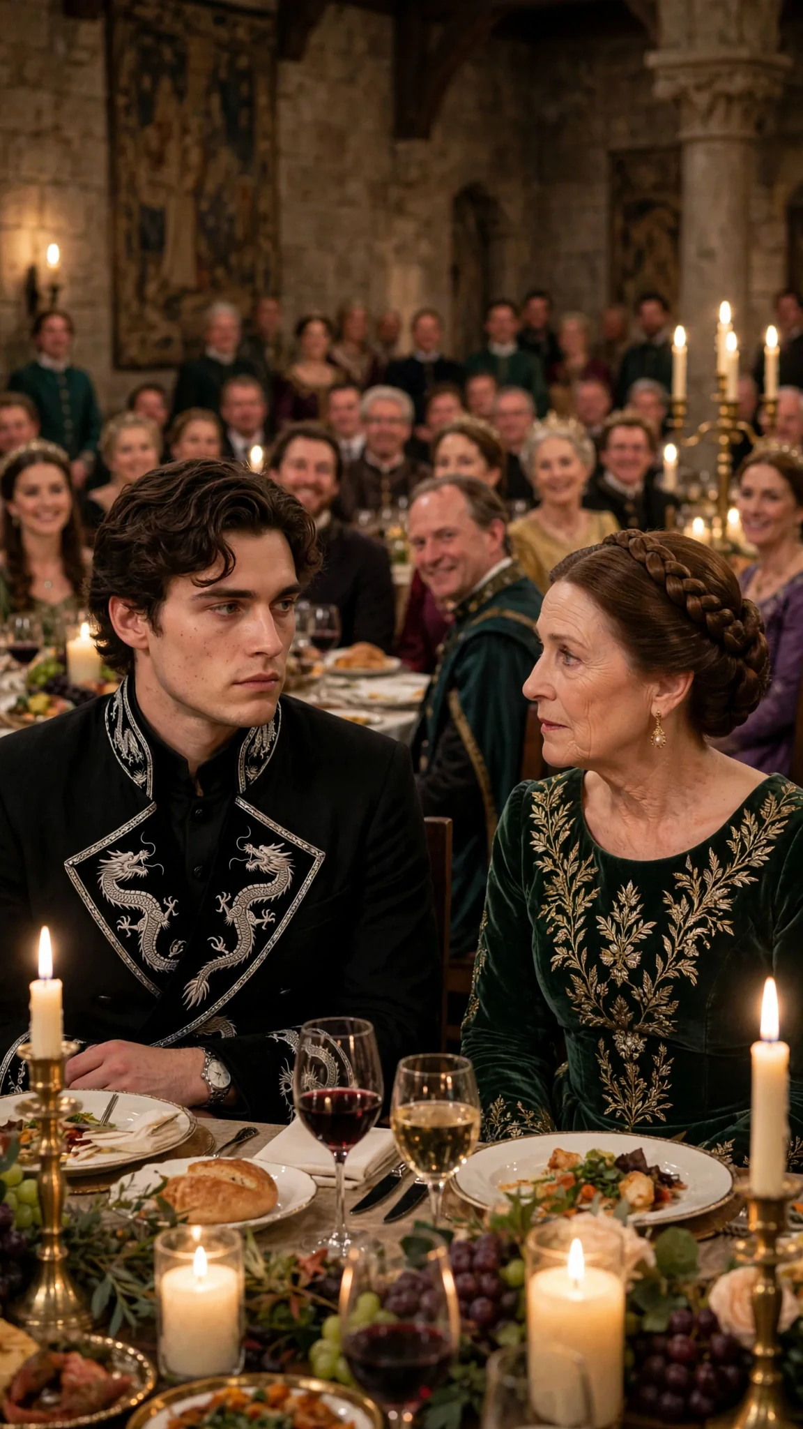 Lucan sits at a long banquet table under candlelight while nobles smile at him.
