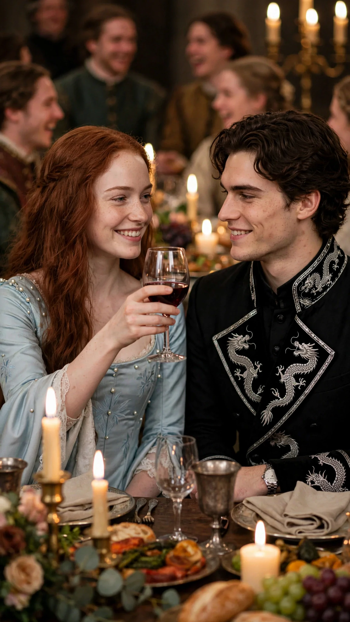 A fair noblewoman with auburn hair raises her glass toward the prince.