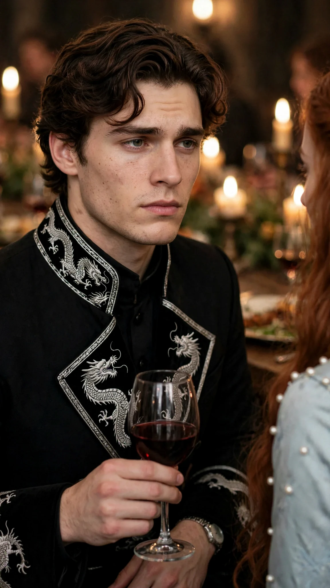 The prince answers the auburn-haired woman flatly, holding a wine cup he does not drink.