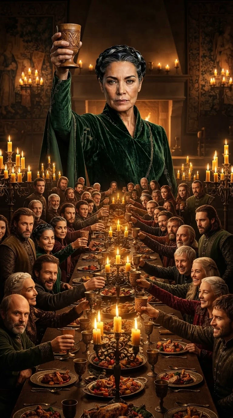 The queen lifts her cup and the long hall goes quiet and leans toward her.