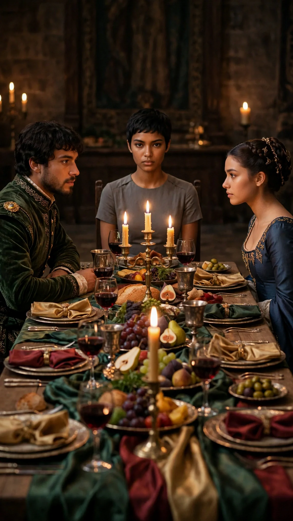 At the far end of the table, a young woman in a plain gray dress speaks without looking up.
