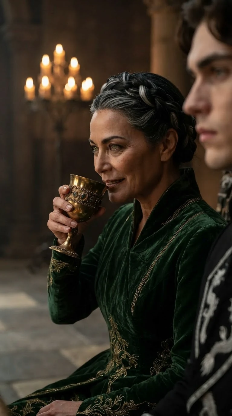 The queen lowers her cup slowly and turns her cold gaze down the table.