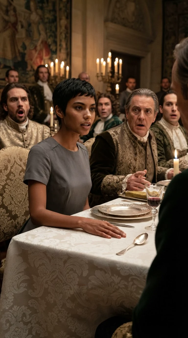 The gray-dressed woman answers the queen calmly while nobles stare.