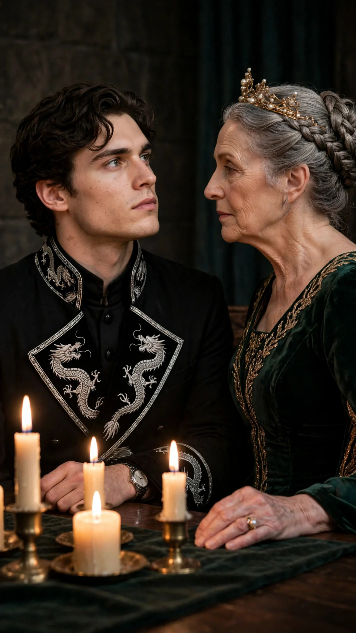 The prince answers his mother with a level stare, cup in hand.