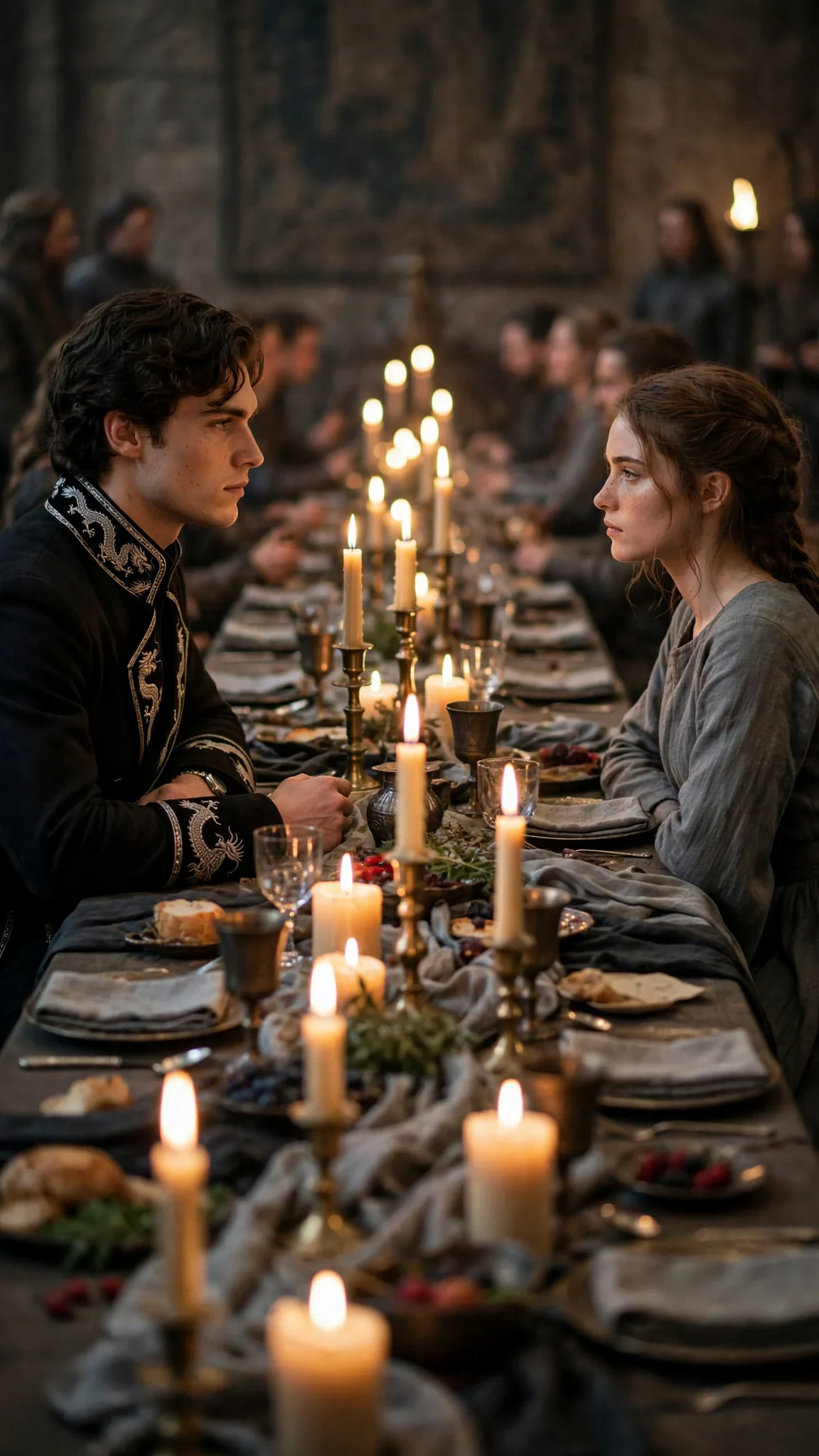 Down the long table, the prince and the gray-dressed woman look at each other.