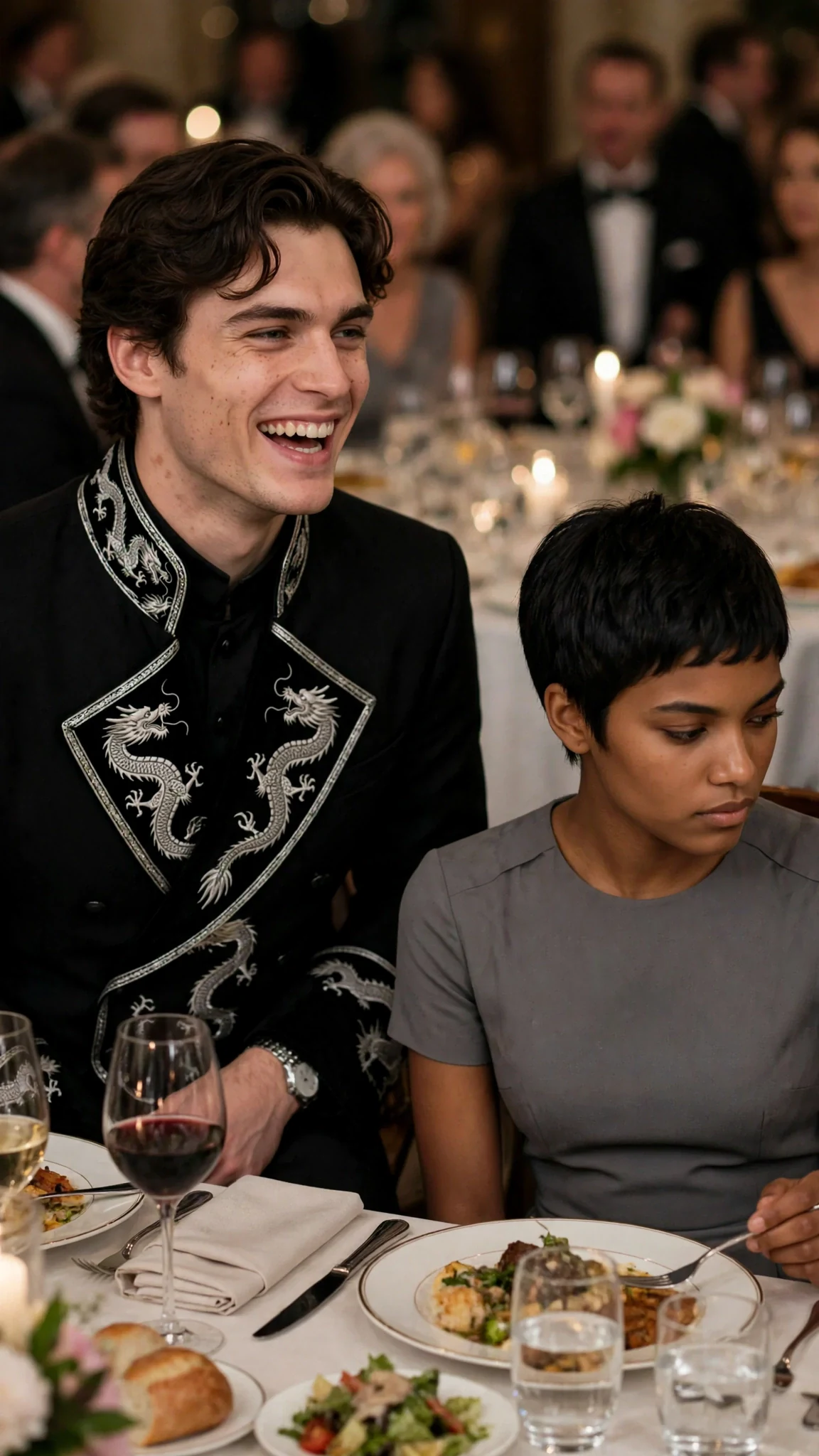 The prince laughs openly while the woman turns back to her plate.