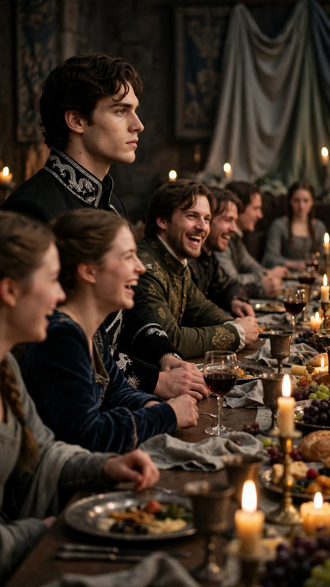 The prince watches the gray-dressed woman from the high table as the feast goes on around him.