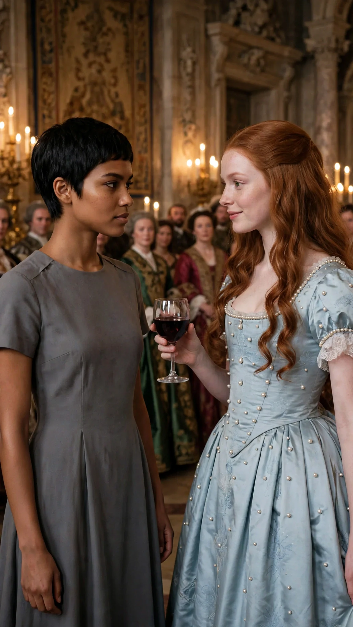 Tansy stands in her plain gray dress while Oriane approaches with a wine cup in a candlelit hall.