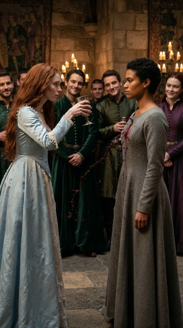 Wine sloshes from Oriane's cup onto Tansy's gray dress while courtiers look on.