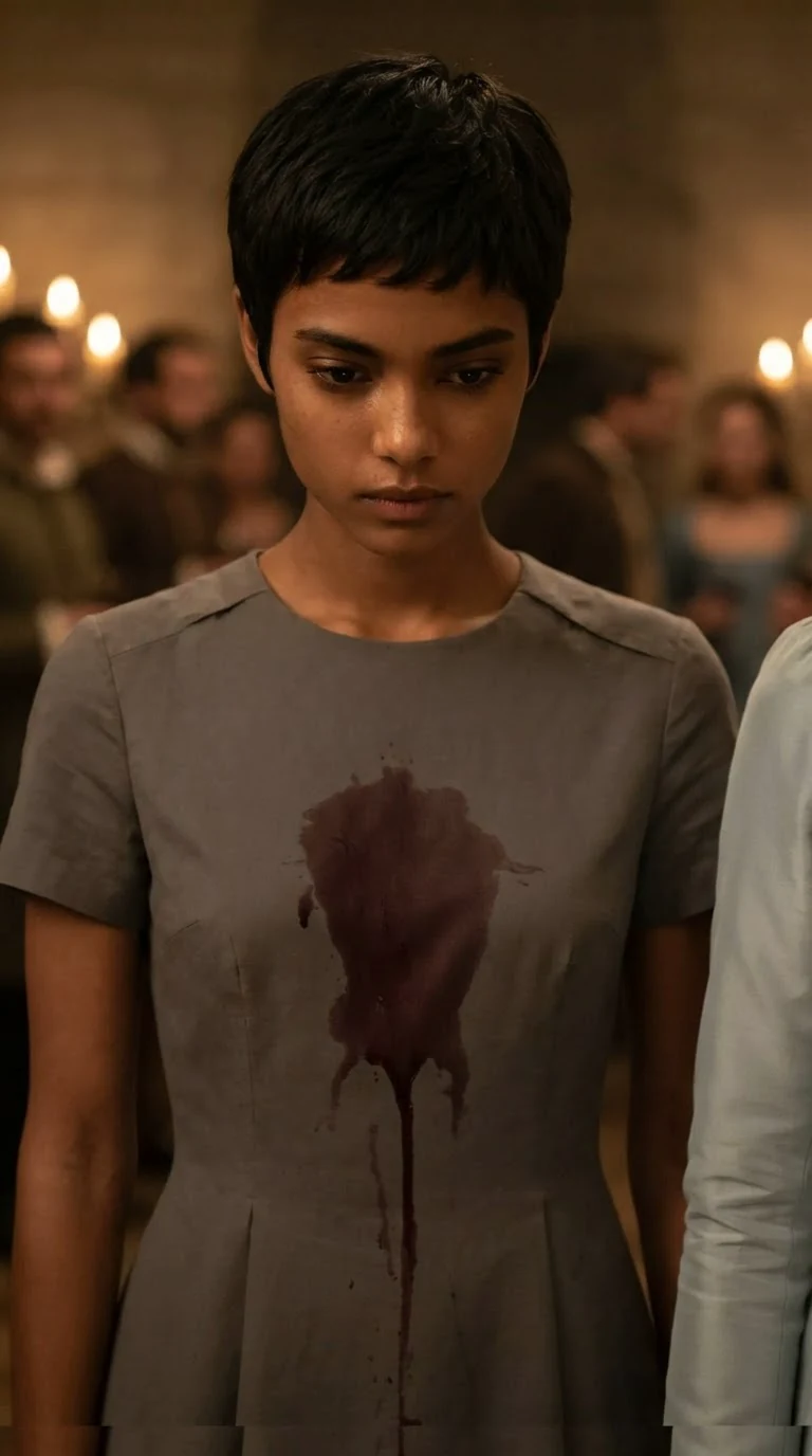 Tansy looks down at the red wine stain spreading across her gray dress.