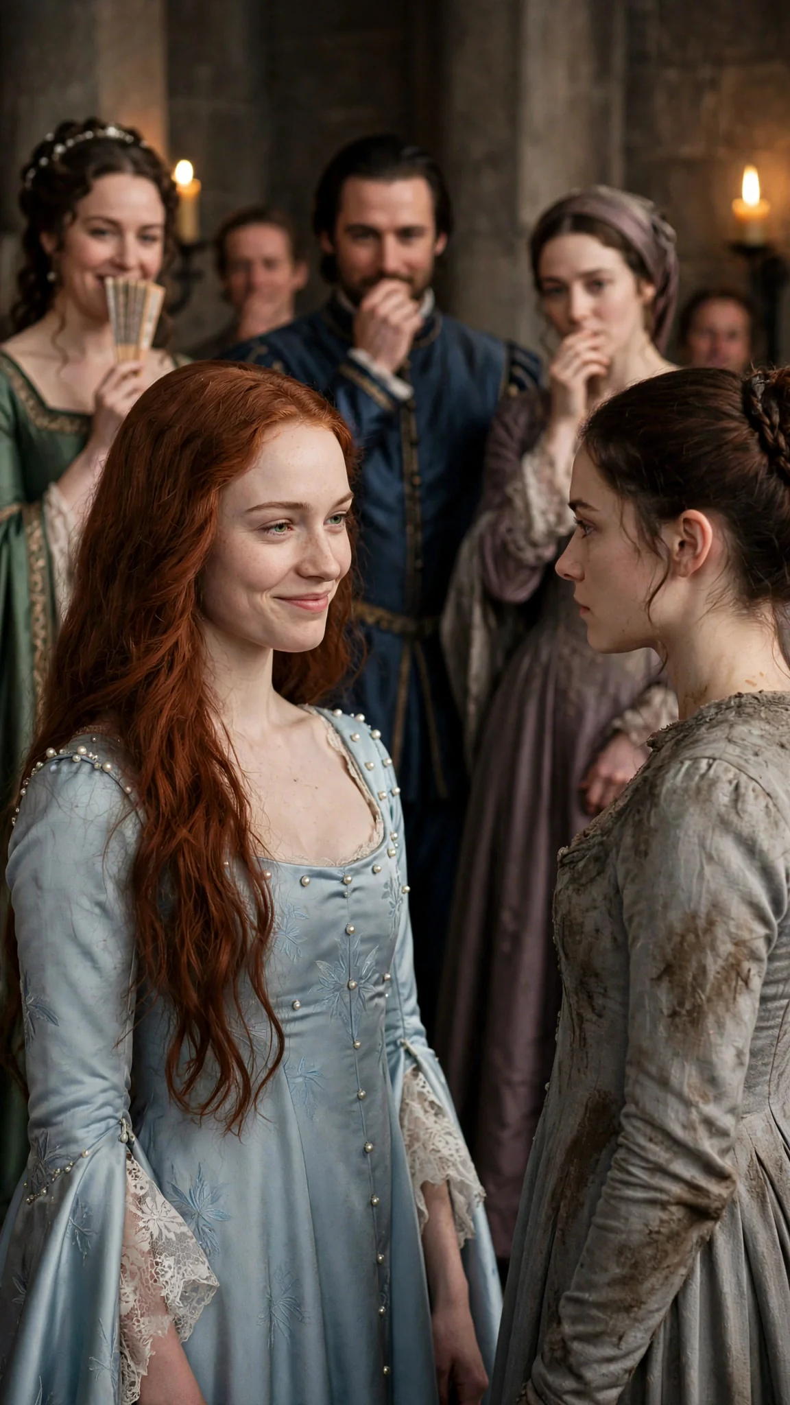 Oriane smiles sweetly at Tansy while courtiers cover polite laughter behind their hands.