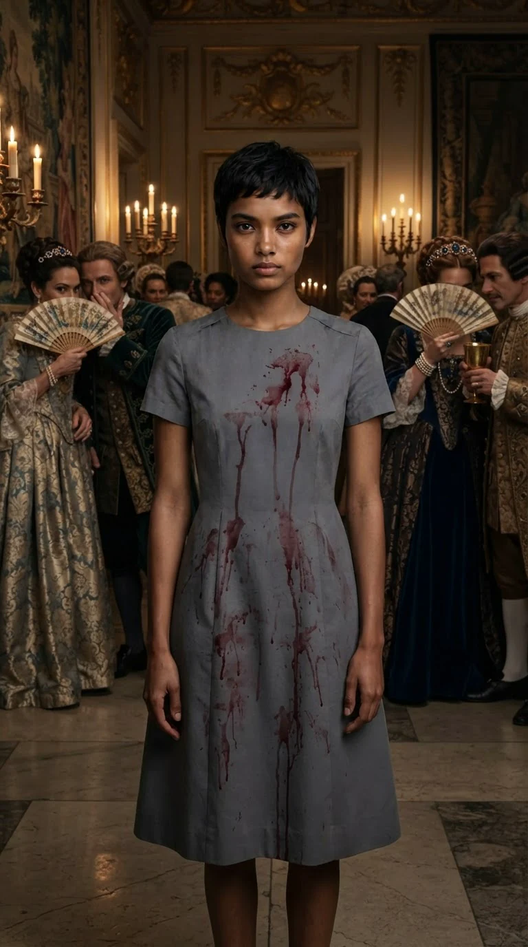 Tansy stands alone with the wine stain as courtiers whisper behind fans and cups.