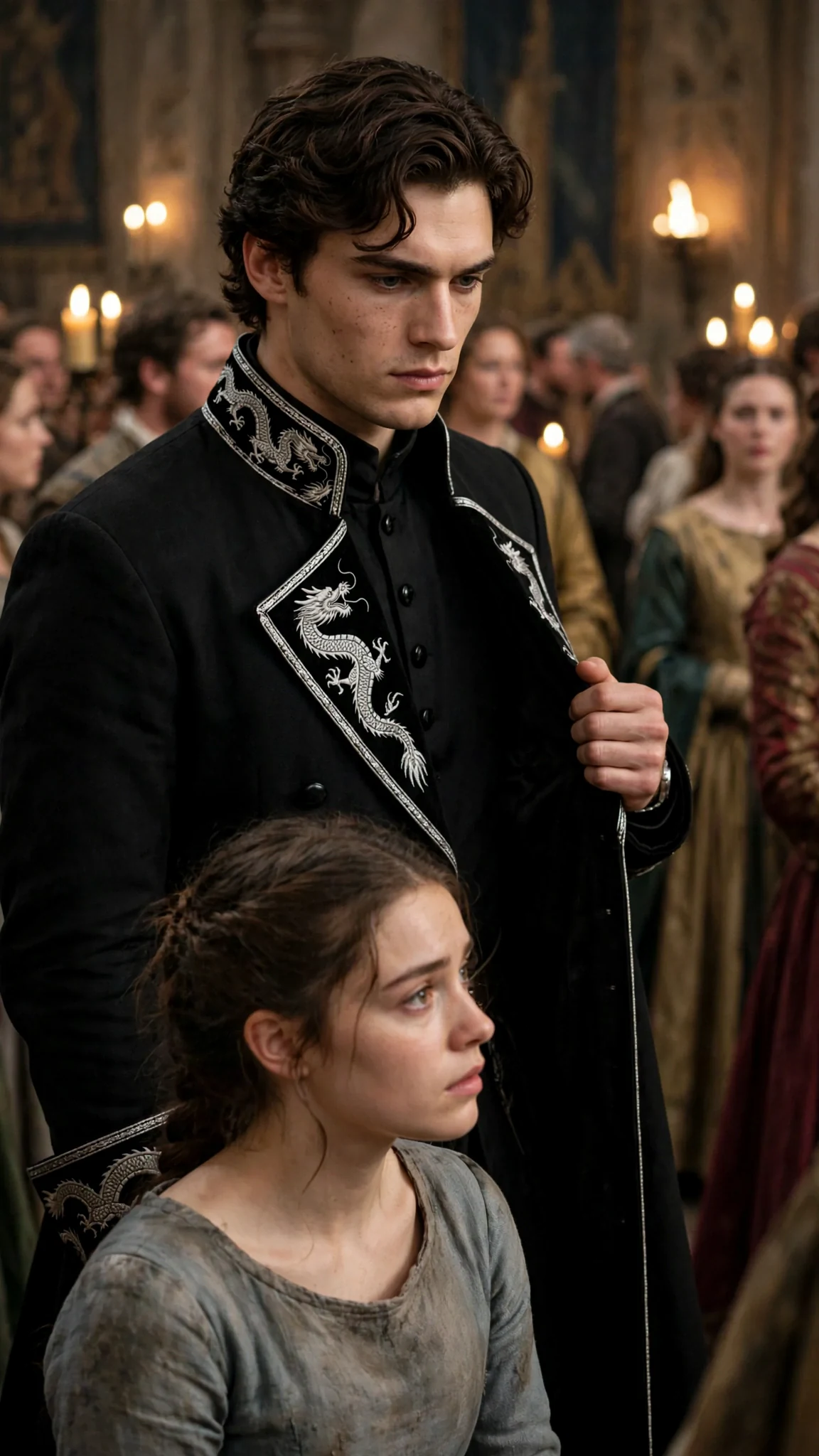 Prince Lucan steps forward from the crowd, holding his black coat, gray eyes fixed on Tansy.